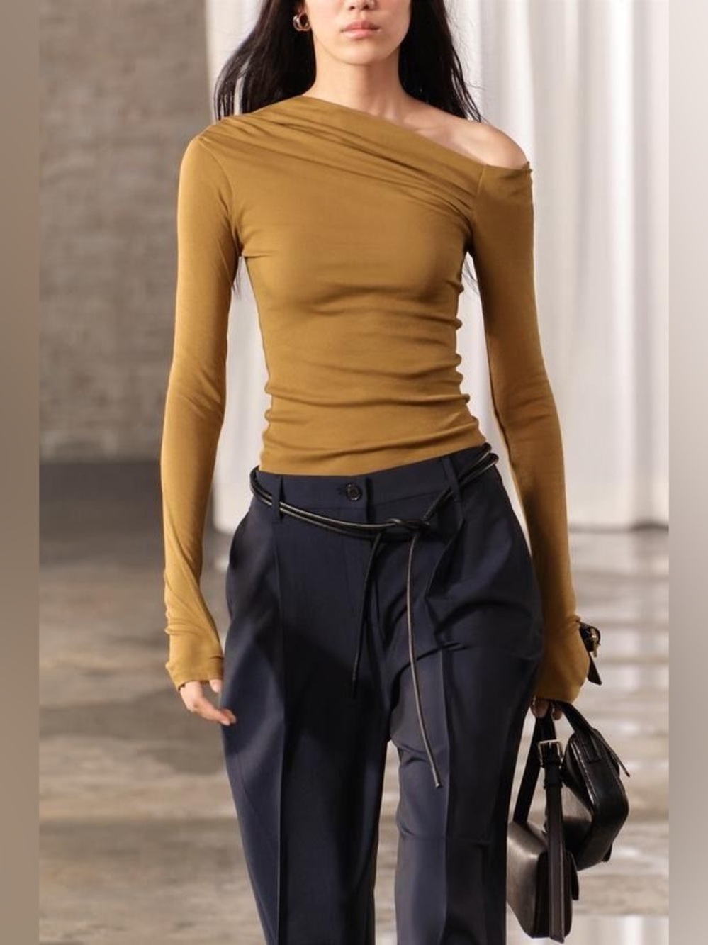 Zara Tan Asymmetrical Long Sleeve Blouse